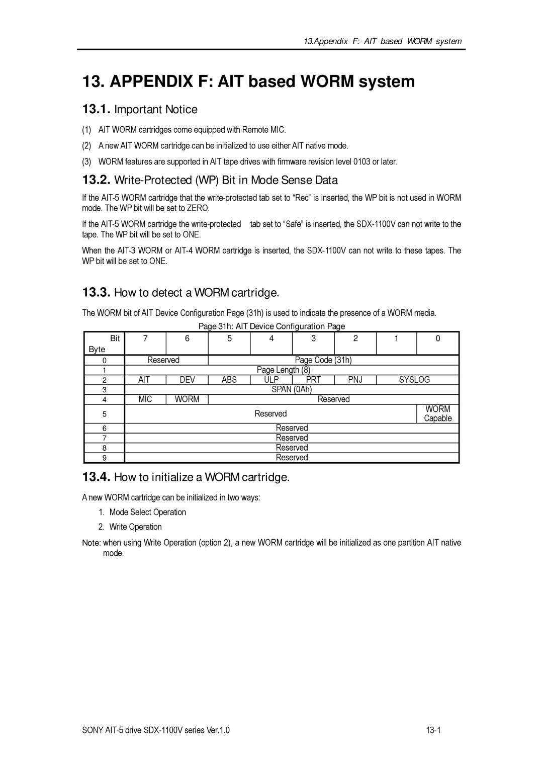 Sony SDX-1100V/R manual Appendix F AIT based Worm system, Important Notice, Write-Protected WP Bit in Mode Sense Data 