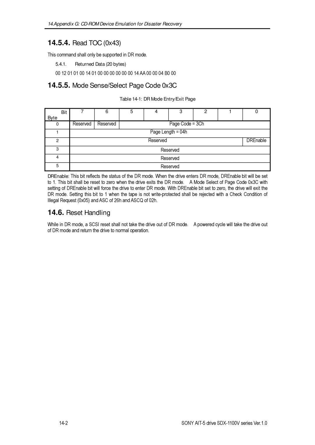 Sony SDX-1100V/R manual Read TOC, Mode Sense/Select Page Code 0x3C, Reset Handling, Returned Data 20 bytes 