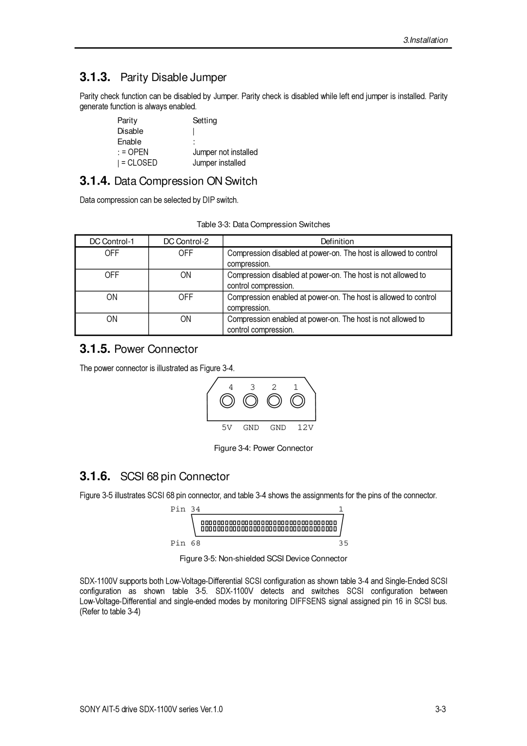 Sony SDX-1100V/R manual Parity Disable Jumper, Data Compression on Switch, Power Connector, Scsi 68 pin Connector 