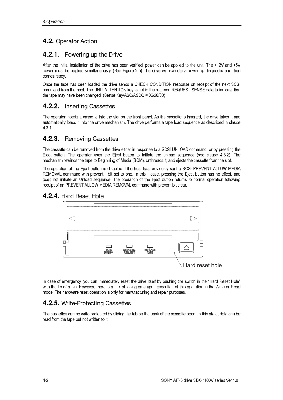 Sony SDX-1100V manual Operator Action Powering up the Drive, Inserting Cassettes, Removing Cassettes, Hard Reset Hole 