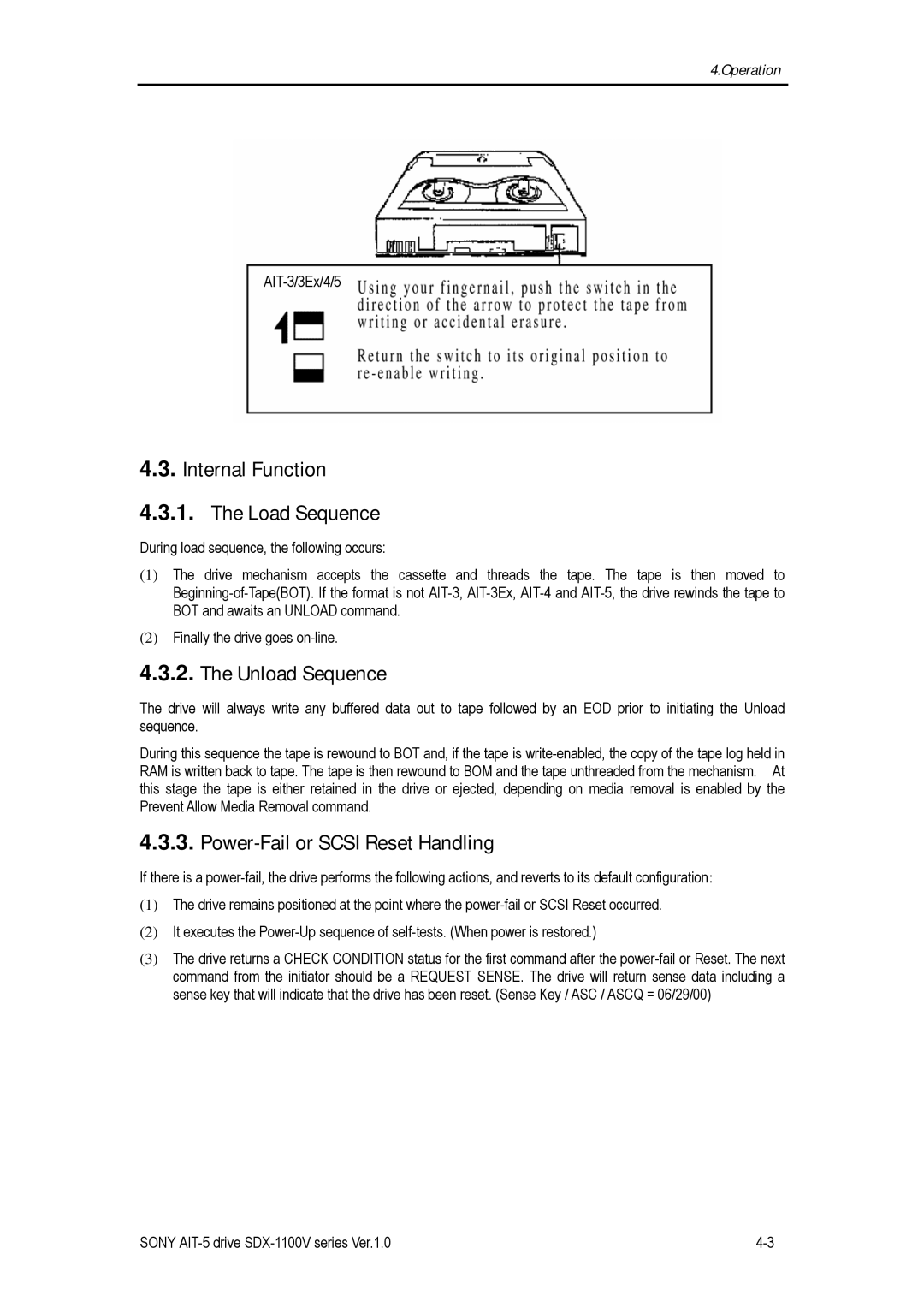 Sony SDX-1100V/R manual Internal Function Load Sequence, Unload Sequence, Power-Fail or Scsi Reset Handling 