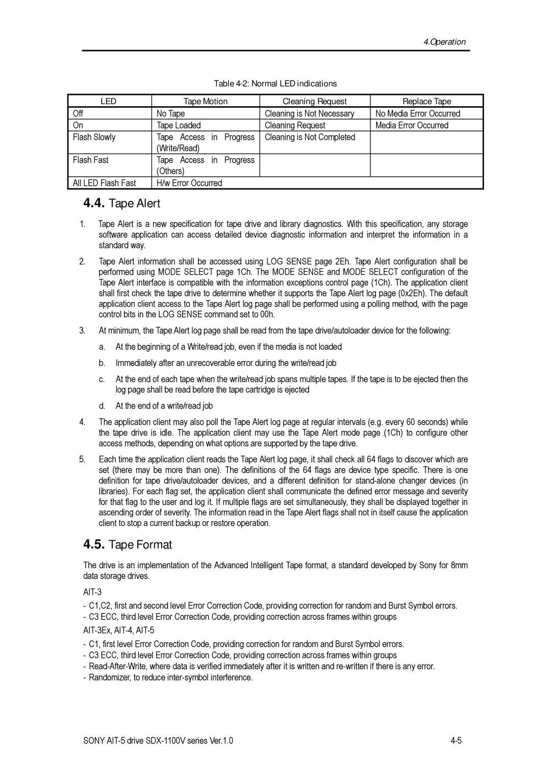 Sony SDX-1100V/R manual Tape Alert, Tape Format, Normal LED indications, Tape Motion Cleaning Request Replace Tape, AIT-3 