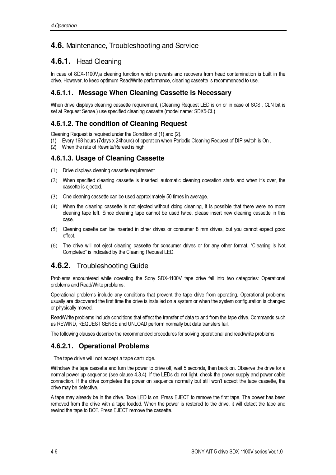 Sony SDX-1100V/R manual Maintenance, Troubleshooting and Service Head Cleaning, Troubleshooting Guide 