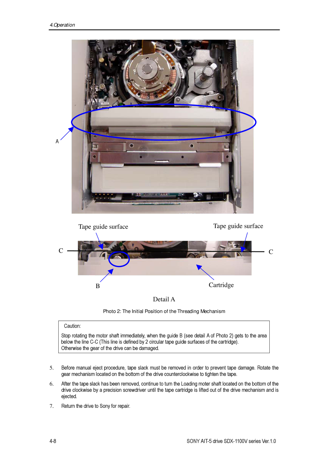 Sony SDX-1100V/R manual Tape guide surface Cartridge Detail a, Photo 2 The Initial Position of the Threading Mechanism 