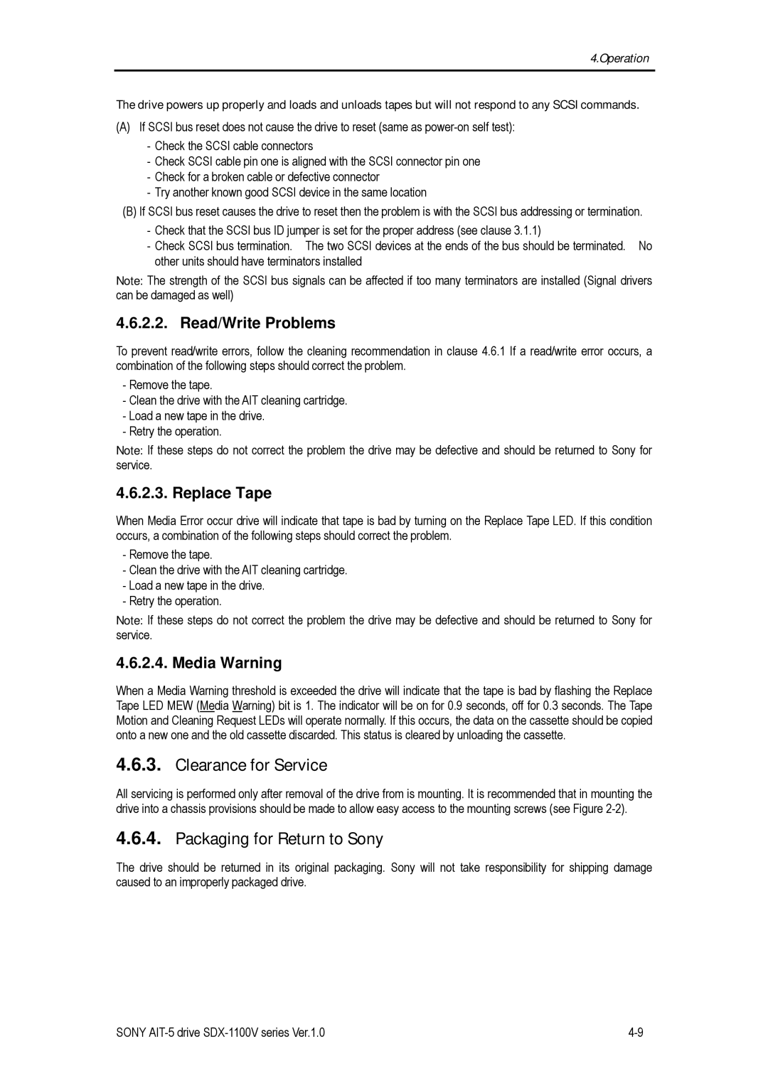 Sony SDX-1100V/R manual Clearance for Service, Packaging for Return to Sony 