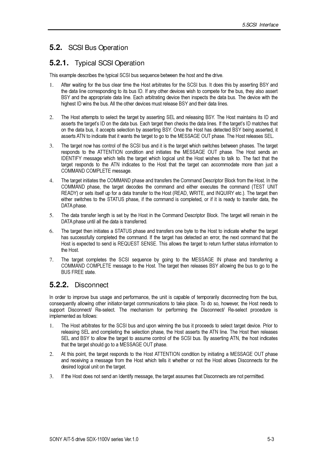 Sony SDX-1100V/R manual Scsi Bus Operation Typical Scsi Operation, Disconnect 
