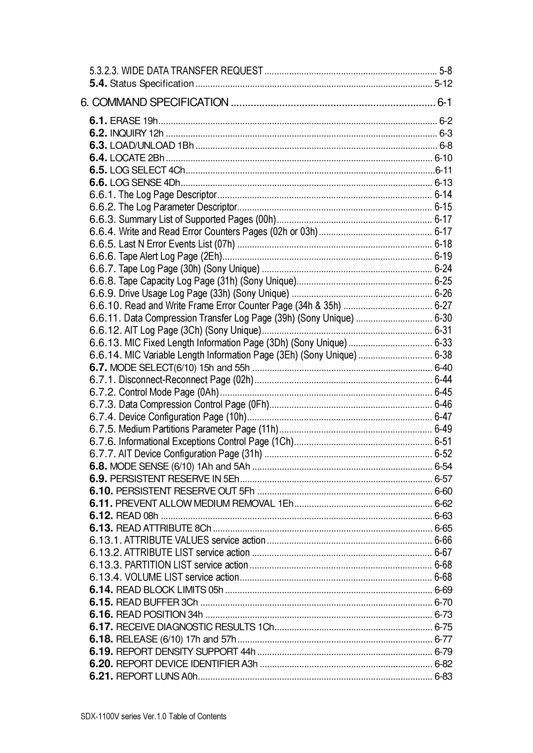 Sony SDX-1100V/R manual Command Specification 