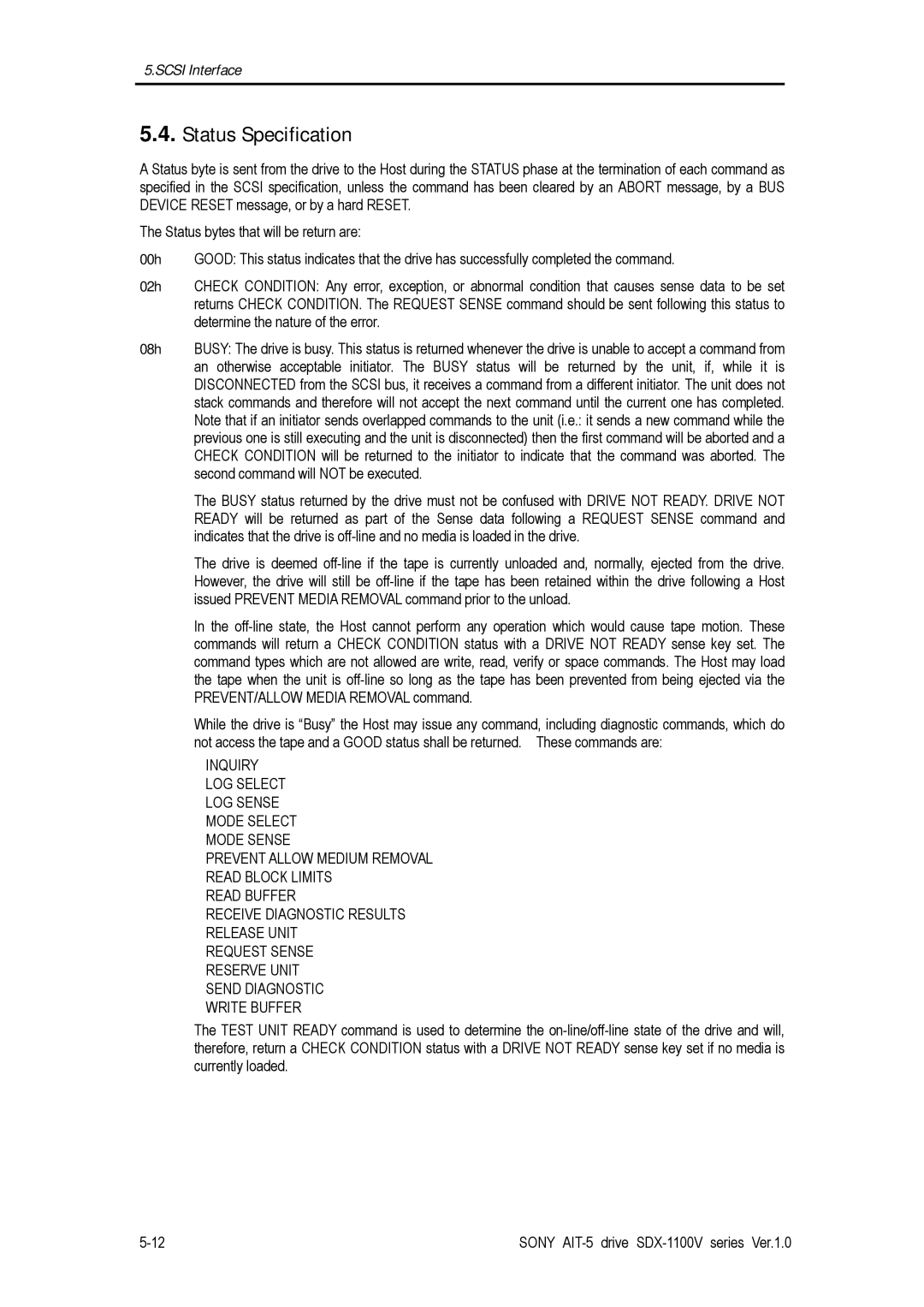 Sony SDX-1100V/R manual Status Specification 