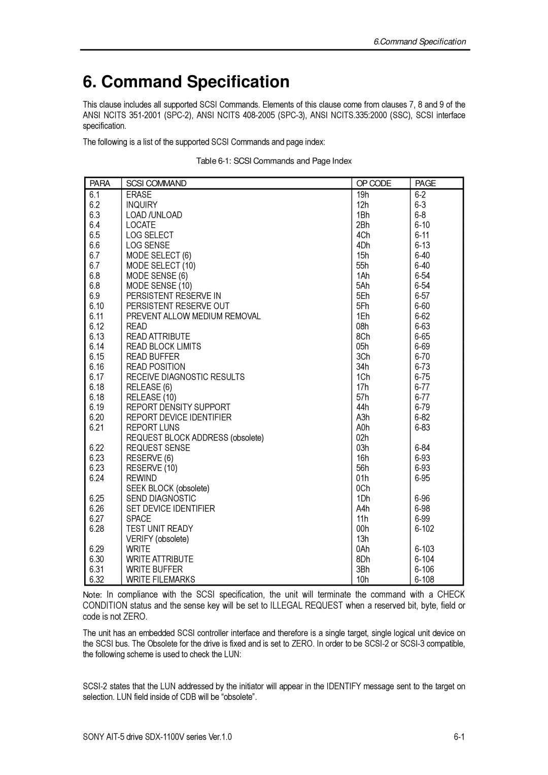 Sony SDX-1100V/R manual Command Specification, Scsi Commands and Page Index, Para Scsi Command OP Code, Load /UNLOAD 