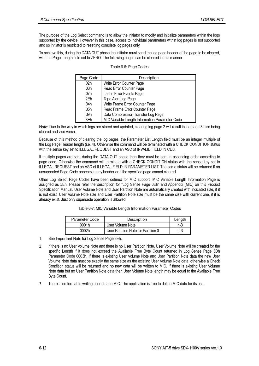 Sony SDX-1100V/R manual Code Description, MIC Variable Length Information Parameter Codes Description 