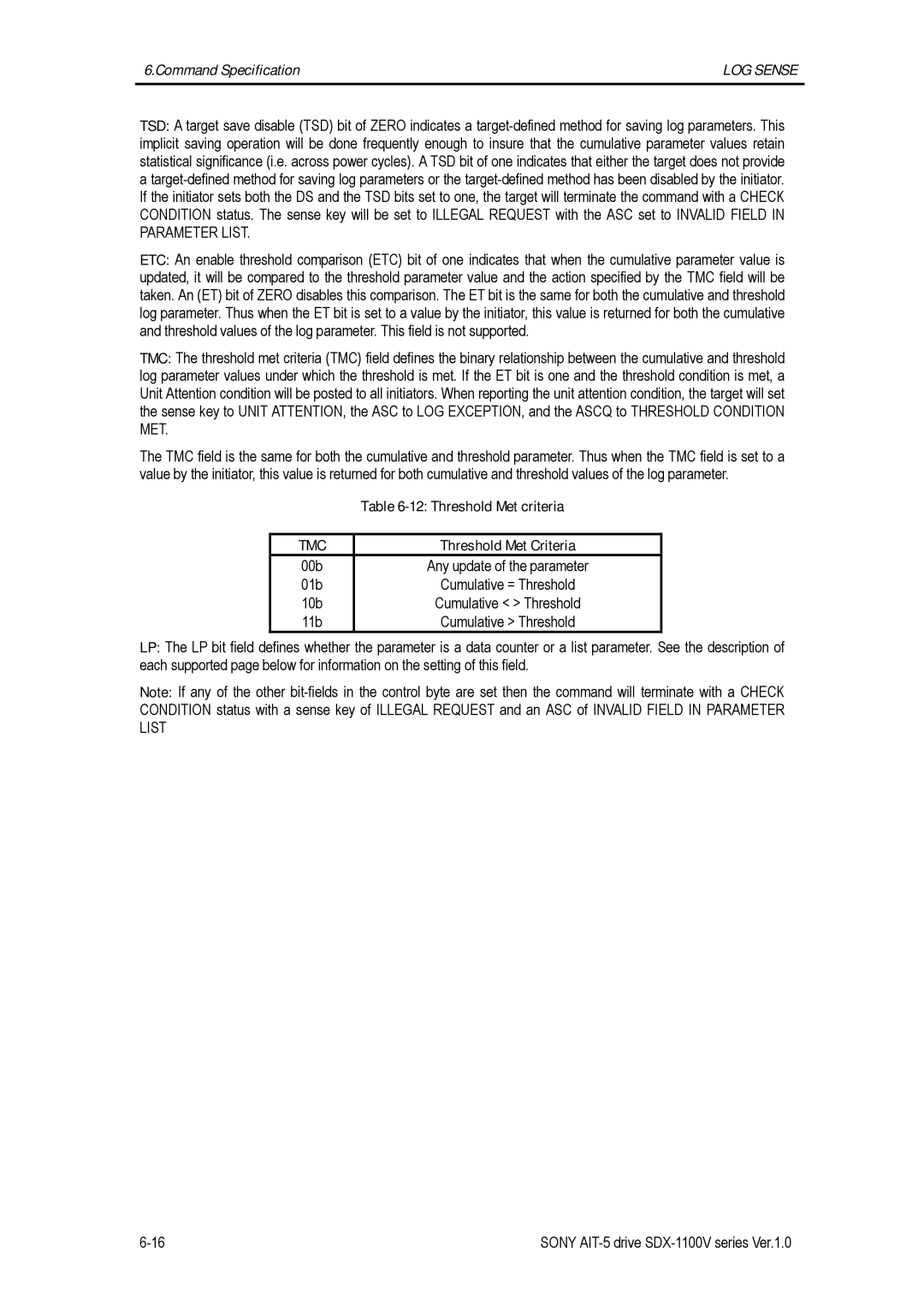 Sony SDX-1100V/R manual Threshold Met criteria, Tmc, Threshold Met Criteria 