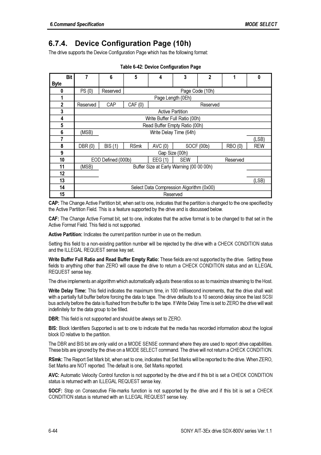 Sony SDX-800V/R manual Device Configuration Page 10h, Device Configuration Bit Byte, Cap, Rew, Sew 