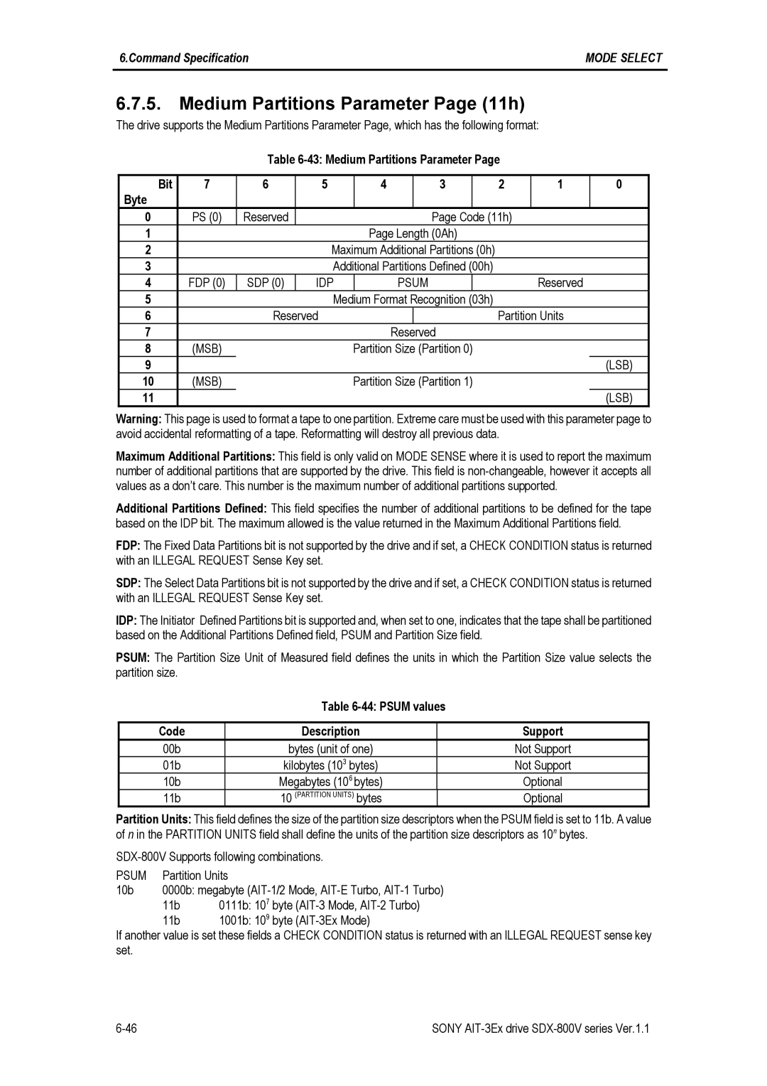 Sony SDX-800V/R manual Medium Partitions Parameter Page 11h, IDP Psum 