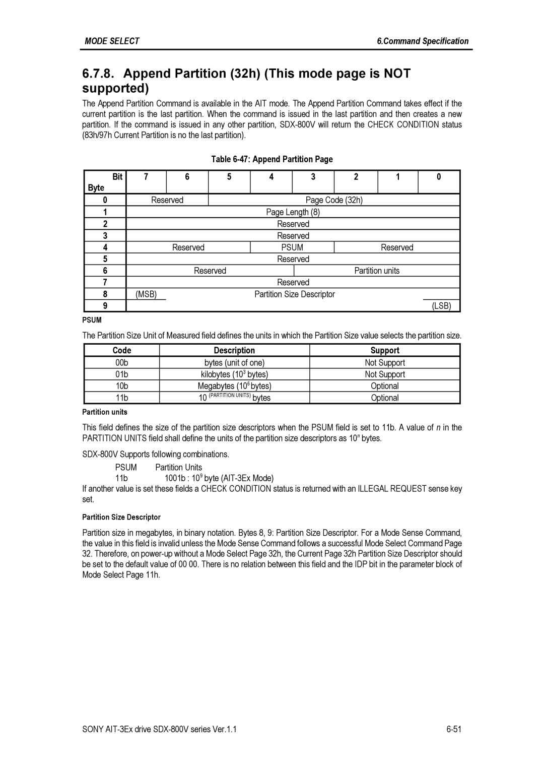 Sony SDX-800V Append Partition 32h This mode page is not supported, Append Partition Bit Byte Reserved Code 32h Length 