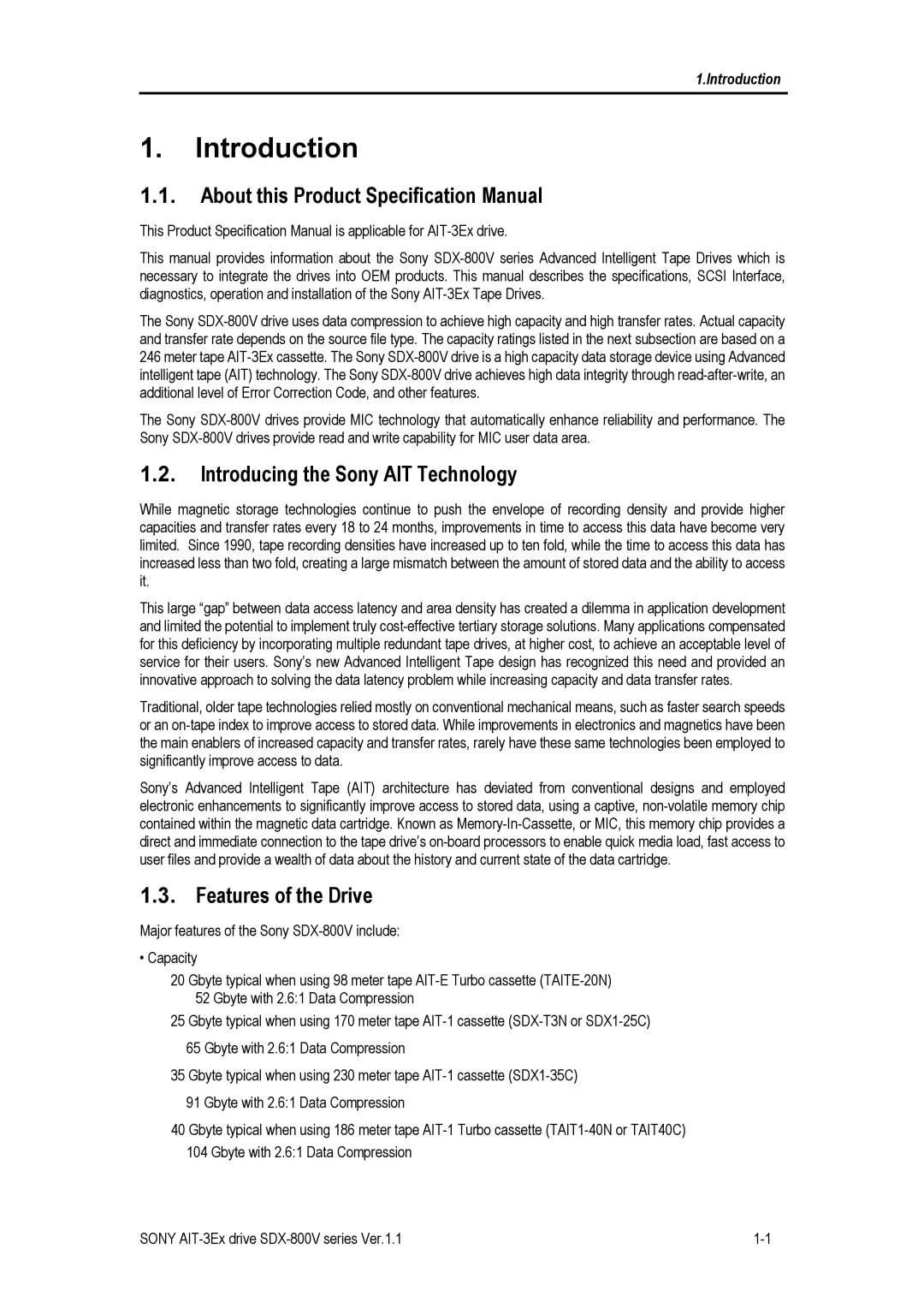 Sony SDX-800V manual About this Product Specification Manual, Introducing the Sony AIT Technology, Features of the Drive 