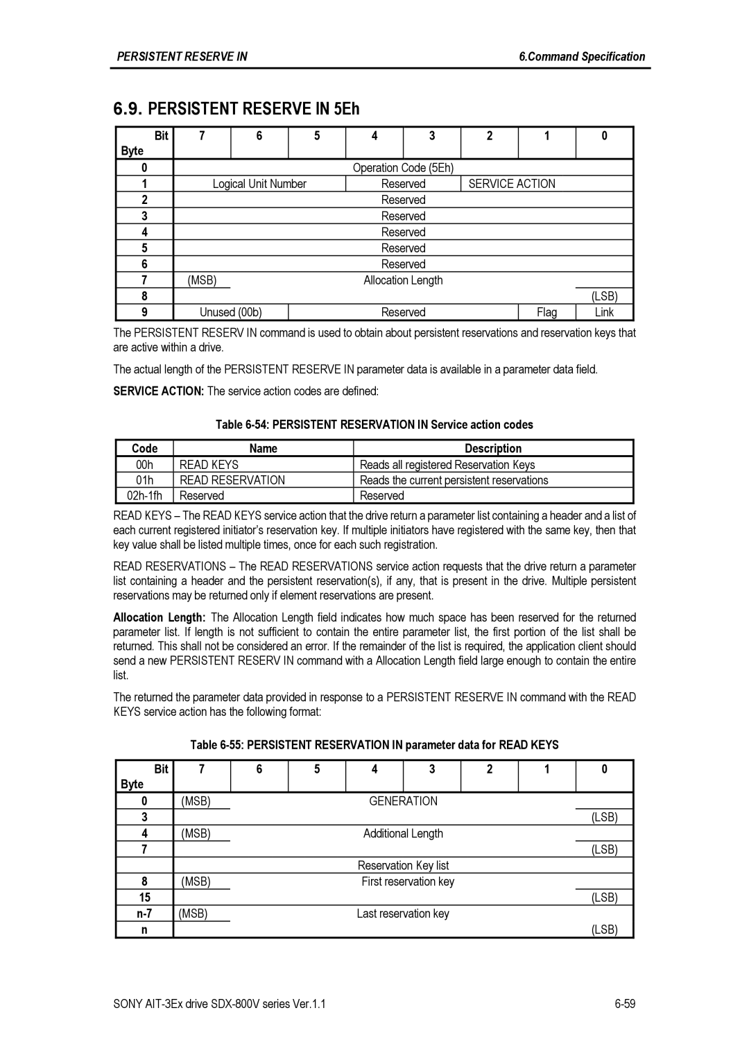Sony SDX-800V/R manual Persistent Reserve in 5Eh, Service Action, MSB Generation LSB 