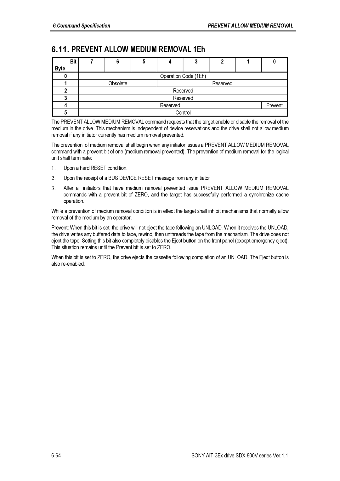 Sony SDX-800V/R manual Prevent Allow Medium Removal 1Eh, Obsolete Reserved Prevent Control 
