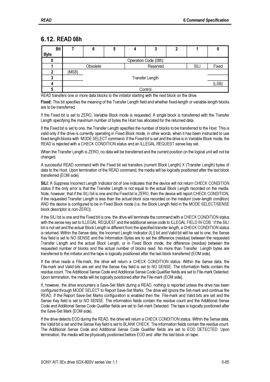 Sony SDX-800V/R manual Read 08h, Bit Byte Operation Code 08h Obsolete Reserved, Sili, Fixed, Transfer Length 