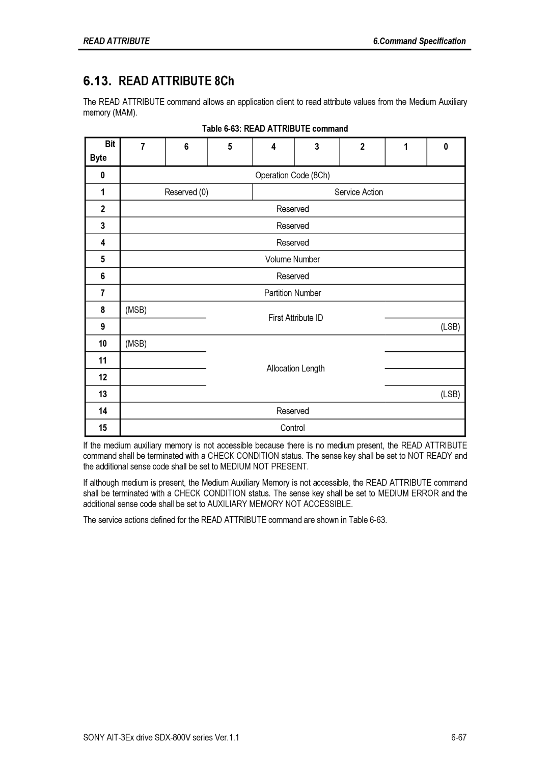 Sony SDX-800V/R manual Read Attribute 8Ch, First Attribute ID, Reserved Control 
