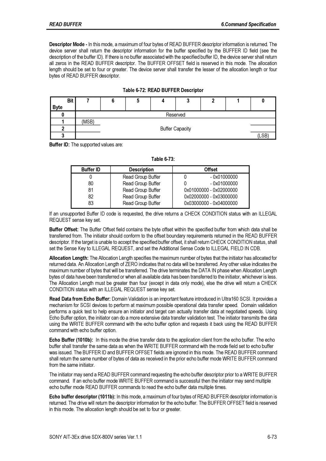 Sony SDX-800V/R manual Read Buffer Descriptor Bit Byte Reserved, Buffer Capacity 