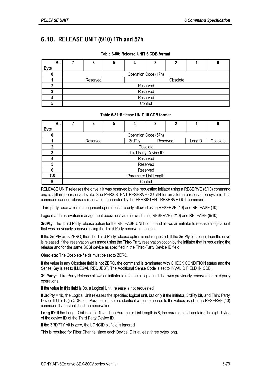 Sony SDX-800V/R manual Release Unit 6/10 17h and 57h, Parameter List Length Control 