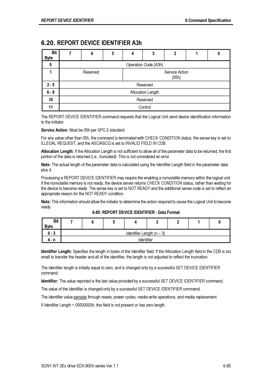 Sony SDX-800V/R manual Report Device Identifier A3h, Bit Byte Operation Code A3h Reserved Service Action 