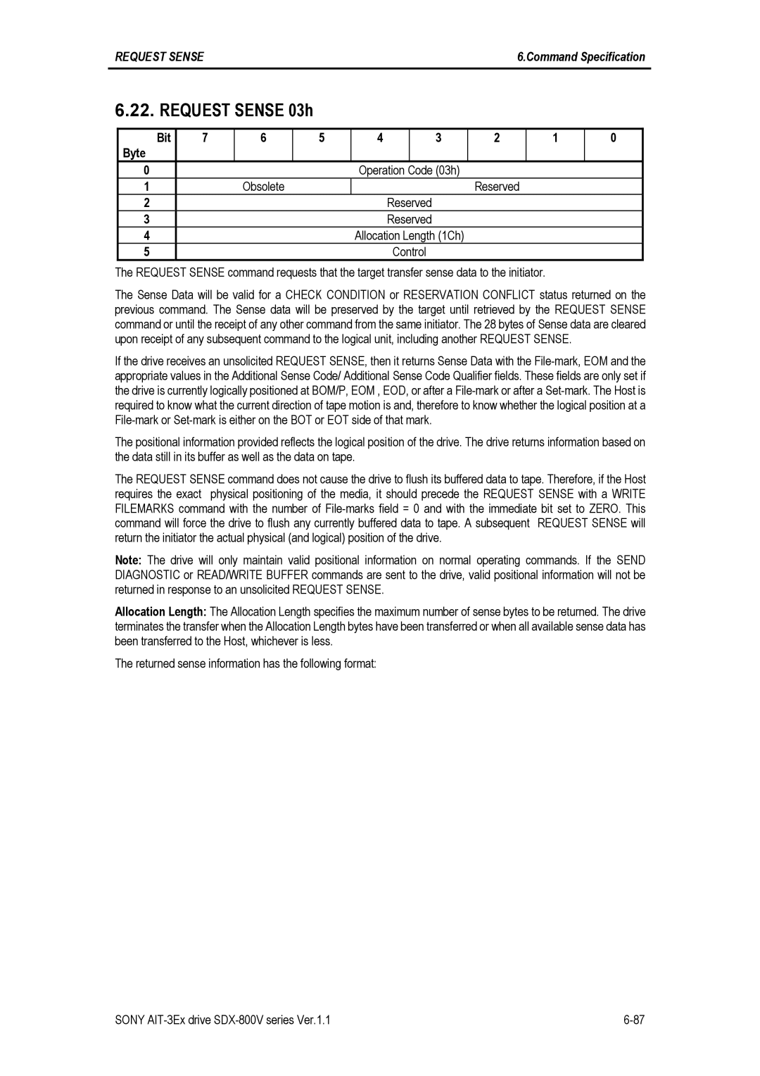 Sony SDX-800V/R manual Request Sense 03h, Obsolete Reserved Allocation Length 1Ch Control 