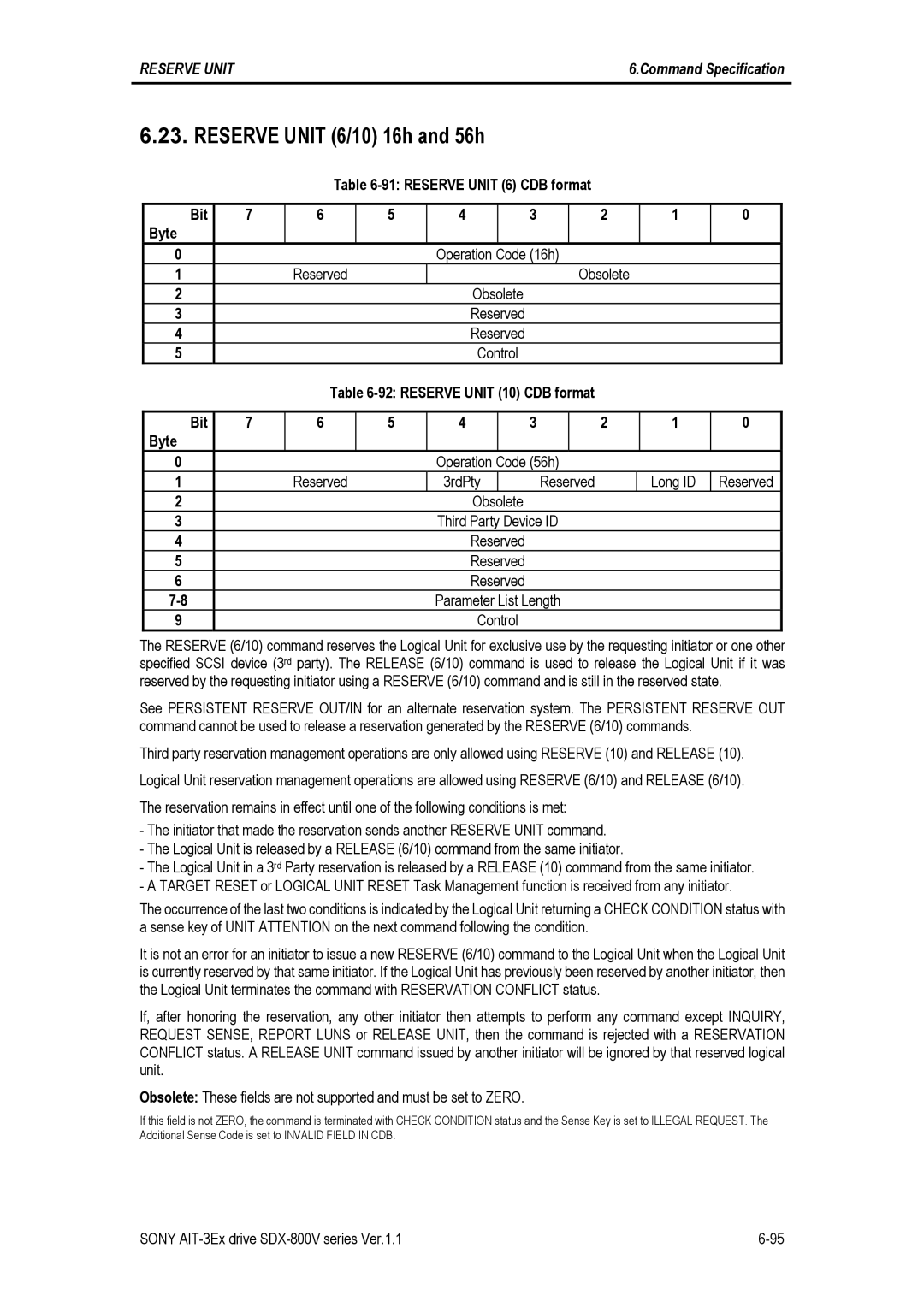 Sony SDX-800V/R manual Reserve Unit 6/10 16h and 56h, Reserve Unit 6 CDB format Bit Byte Operation 