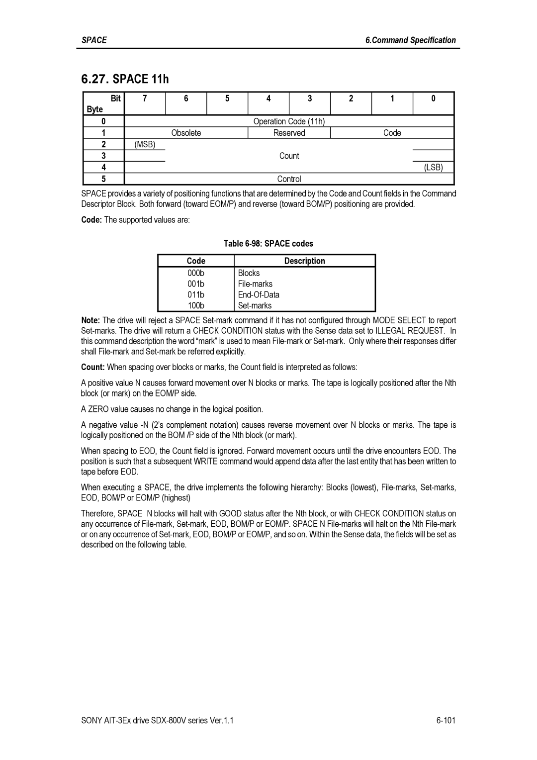 Sony SDX-800V/R manual Space 11h, Obsolete Reserved Code, Count, Space codes 