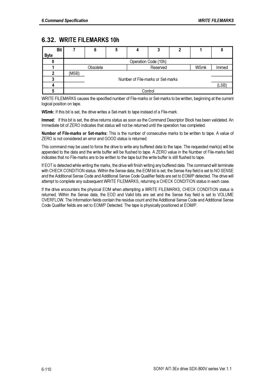 Sony SDX-800V/R manual Write Filemarks 10h, Bit Byte Operation Code 10h Obsolete Reserved WSmk Immed 