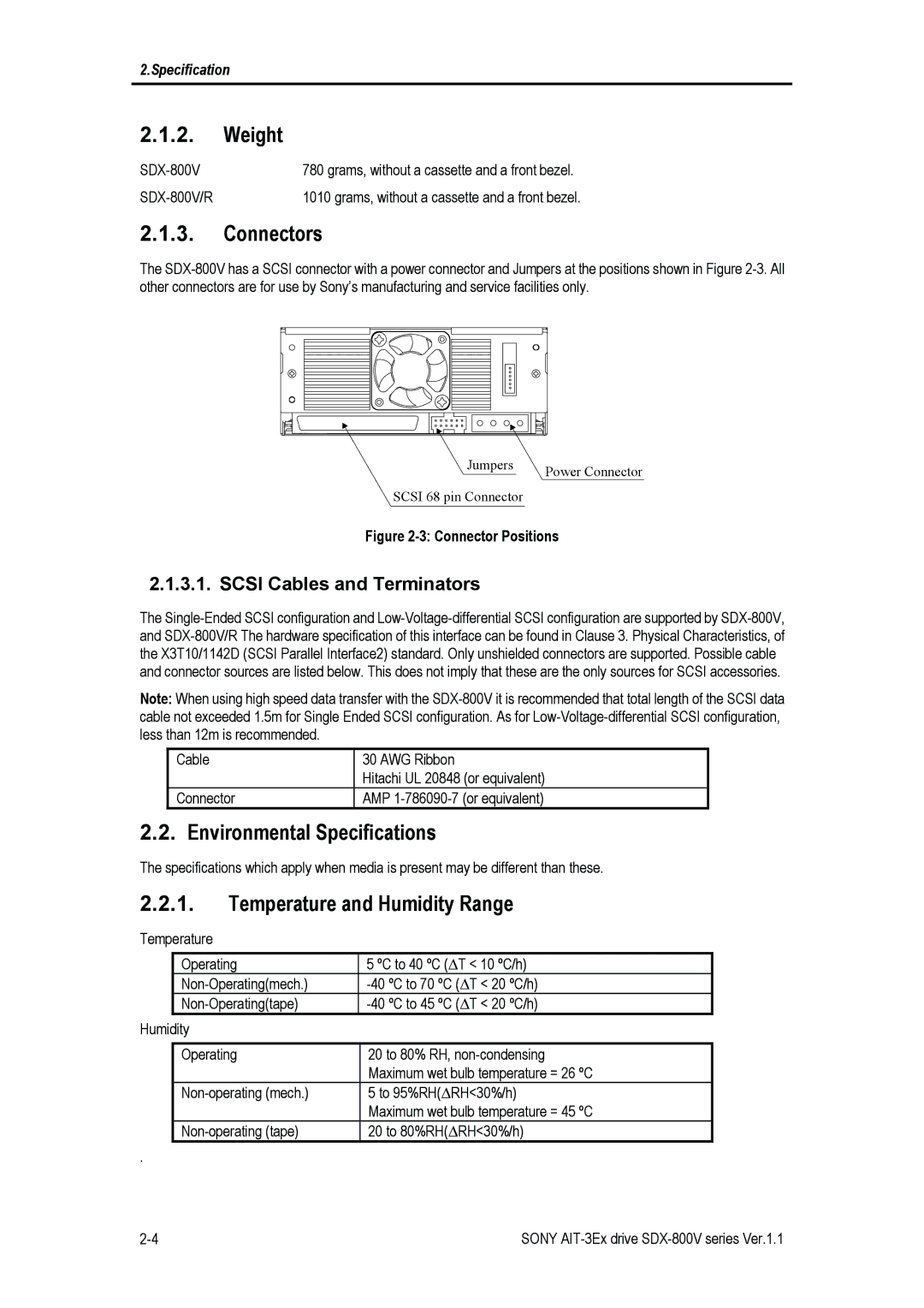 Sony SDX-800V/R manual Weight, Connectors, Environmental Specifications, Temperature and Humidity Range 