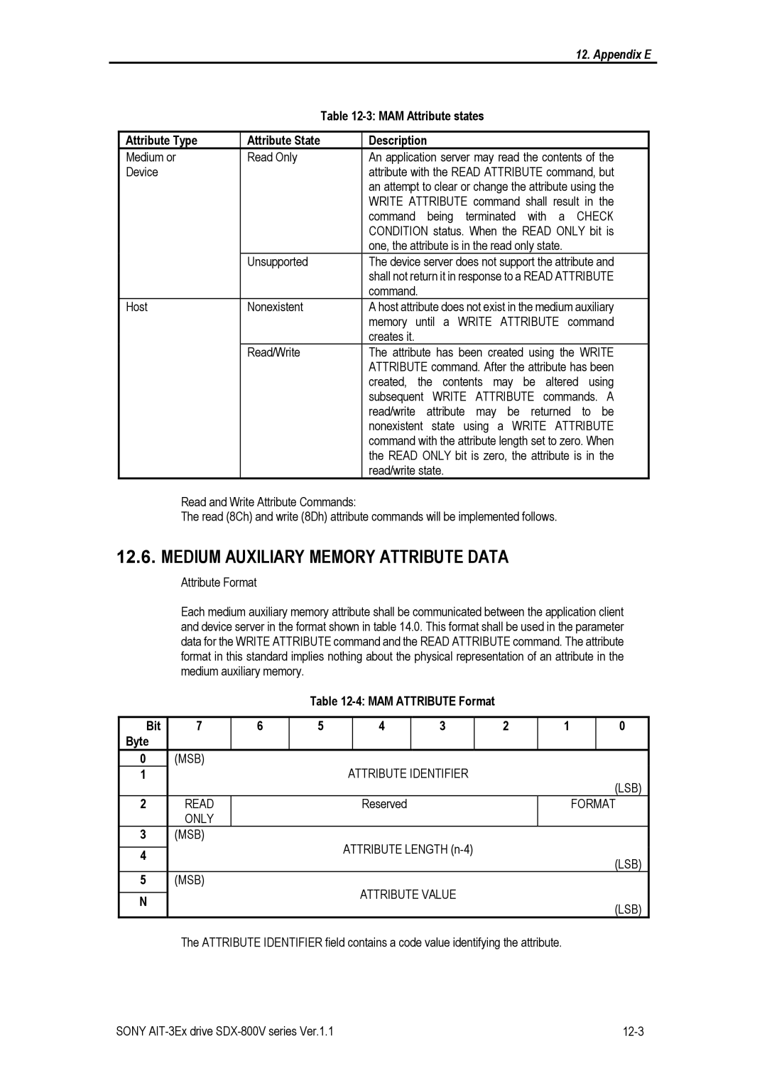 Sony SDX-800V/R manual MAM Attribute states, Attribute Type, MAM Attribute Format Bit Byte 