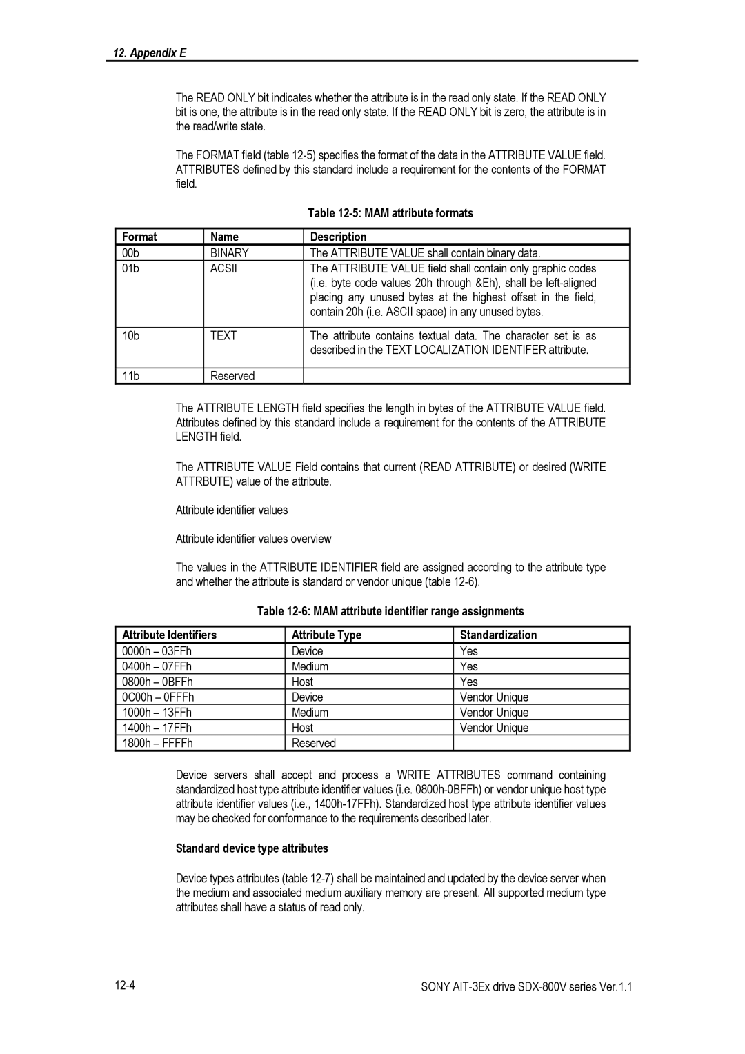 Sony SDX-800V/R manual MAM attribute formats, Format Name Description, MAM attribute identifier range assignments 