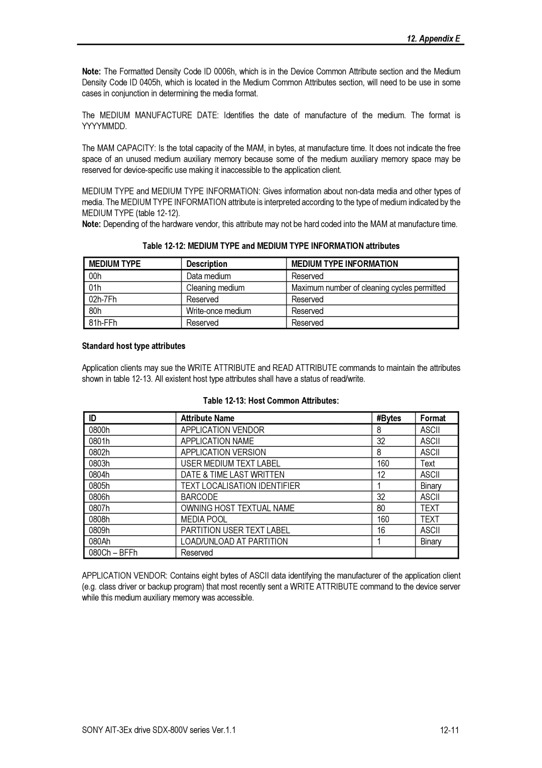 Sony SDX-800V/R manual Medium Type and Medium Type Information attributes, Standard host type attributes 