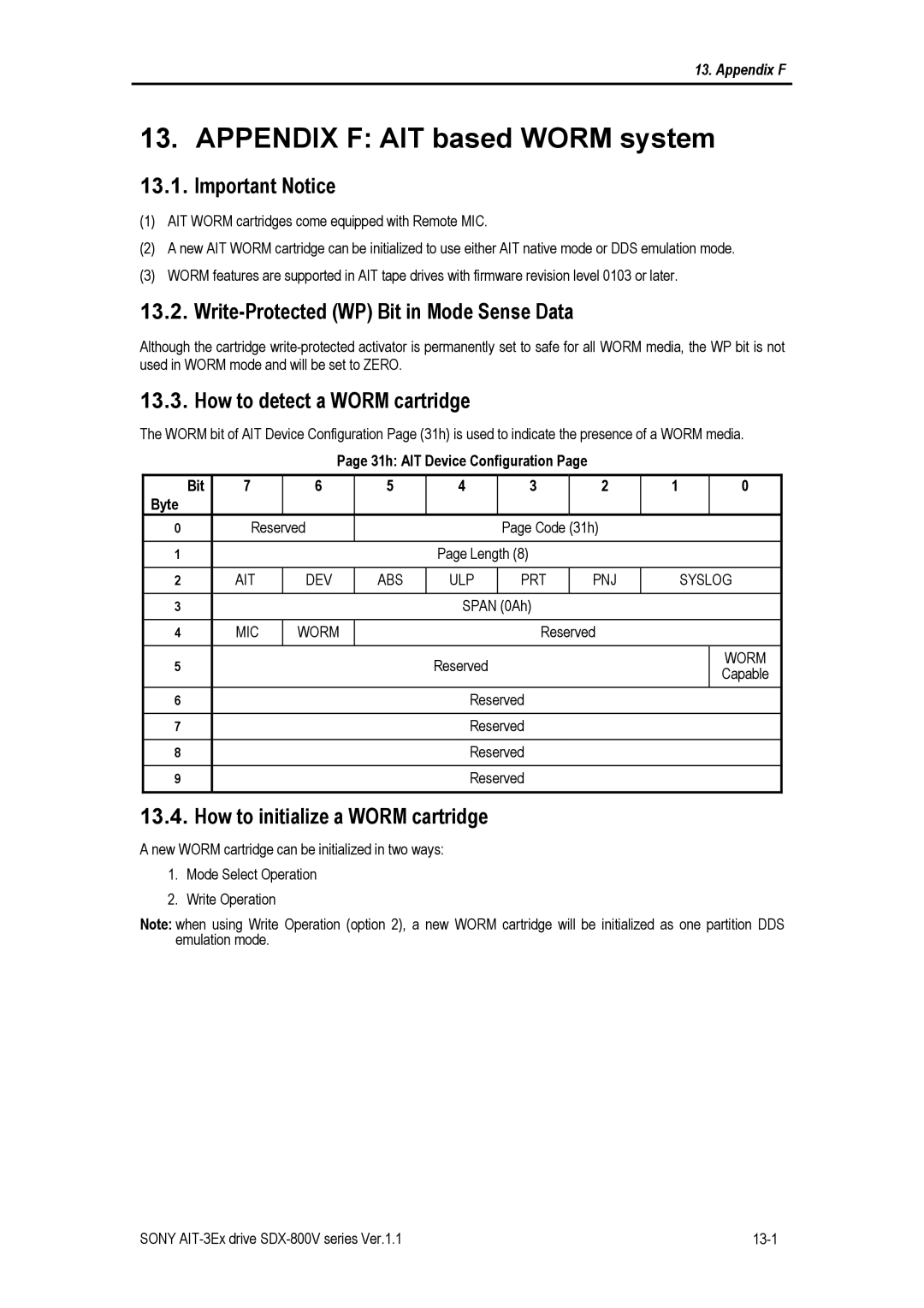 Sony SDX-800V/R manual Important Notice, Write-Protected WP Bit in Mode Sense Data, How to detect a Worm cartridge 