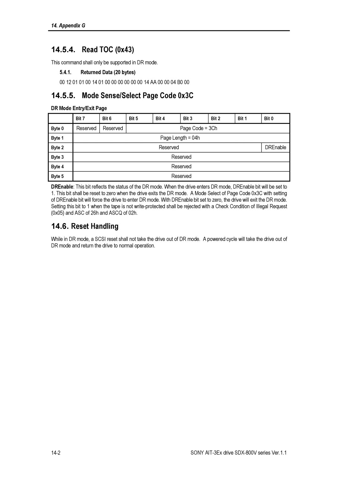 Sony SDX-800V/R manual Read TOC, Mode Sense/Select Page Code 0x3C, Reset Handling 