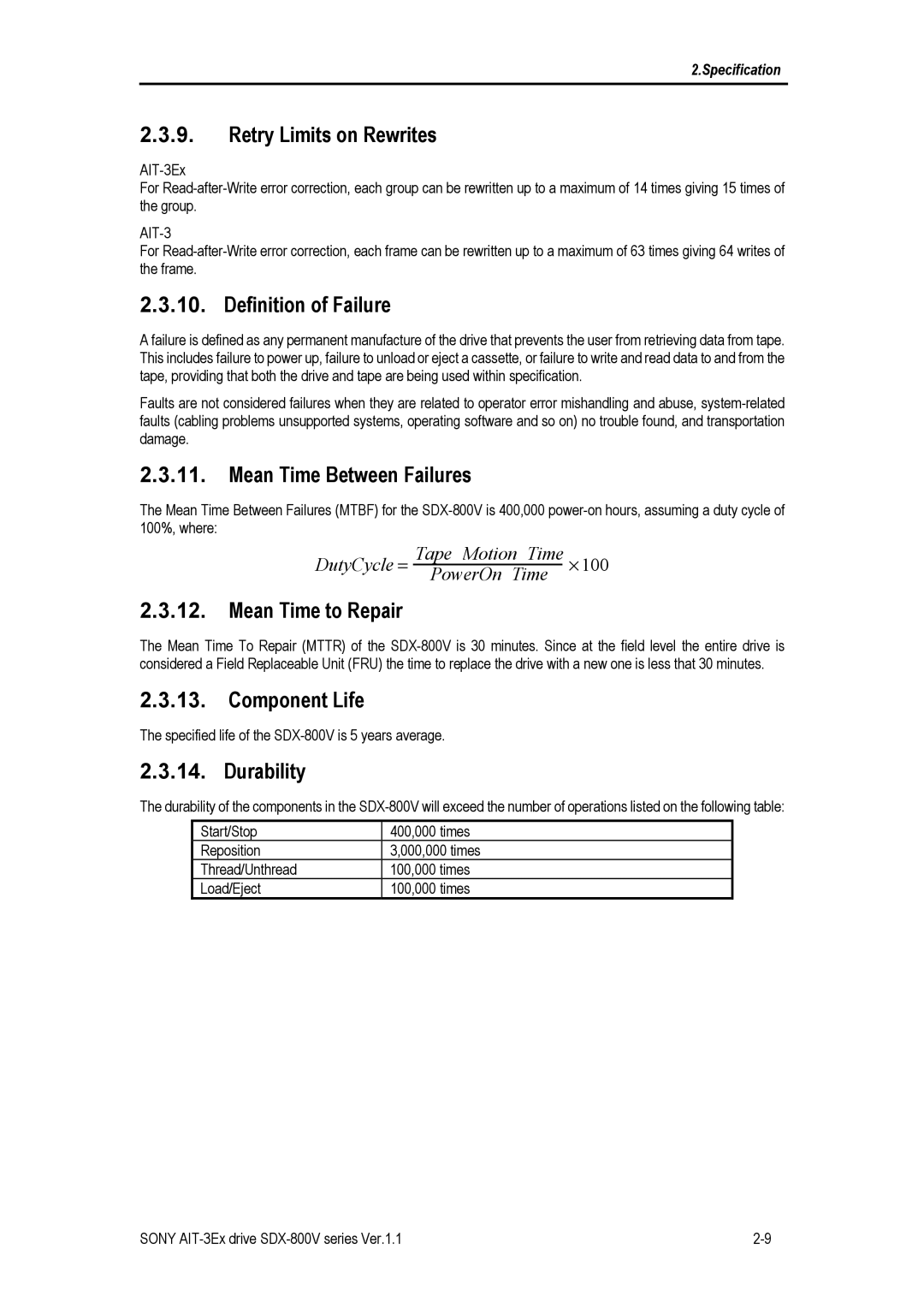 Sony SDX-800V Retry Limits on Rewrites, Definition of Failure, Mean Time Between Failures, Mean Time to Repair, Durability 