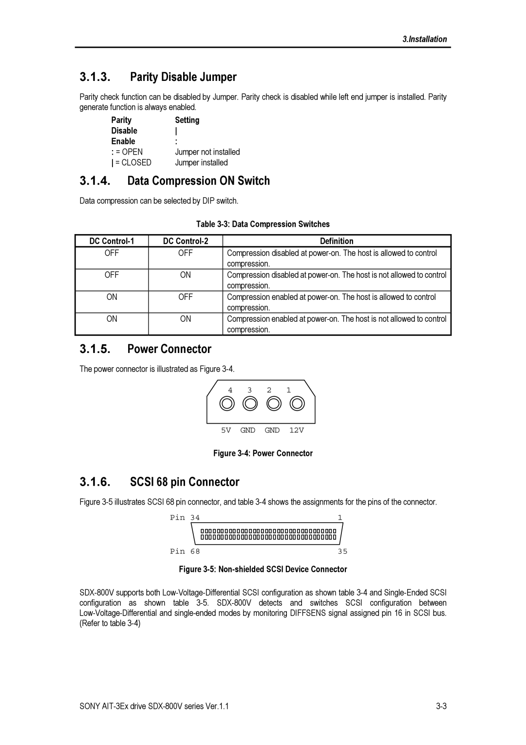 Sony SDX-800V/R manual Parity Disable Jumper, Data Compression on Switch, Power Connector, Scsi 68 pin Connector 