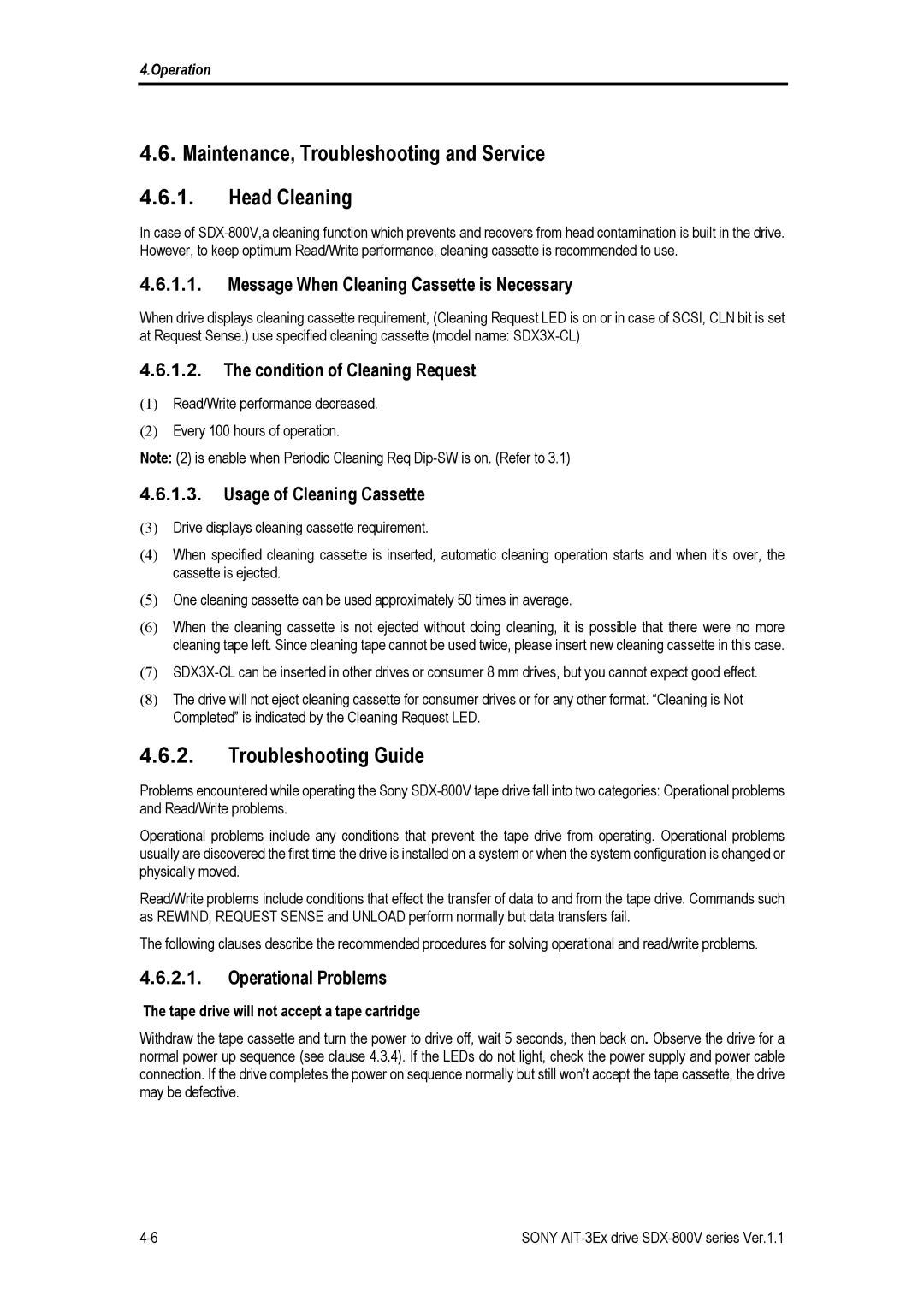 Sony SDX-800V/R manual Maintenance, Troubleshooting and Service Head Cleaning, Troubleshooting Guide 