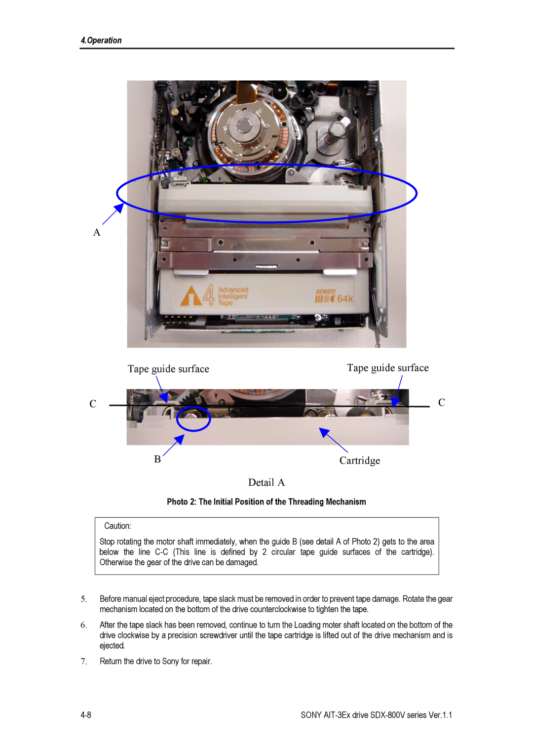 Sony SDX-800V/R manual Tape guide surface Cartridge Detail a, Photo 2 The Initial Position of the Threading Mechanism 