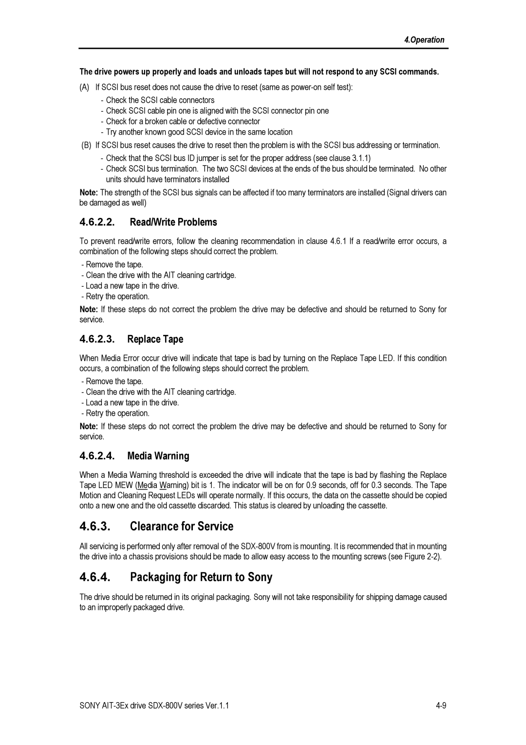 Sony SDX-800V manual Clearance for Service, Packaging for Return to Sony, Read/Write Problems, Replace Tape, Media Warning 