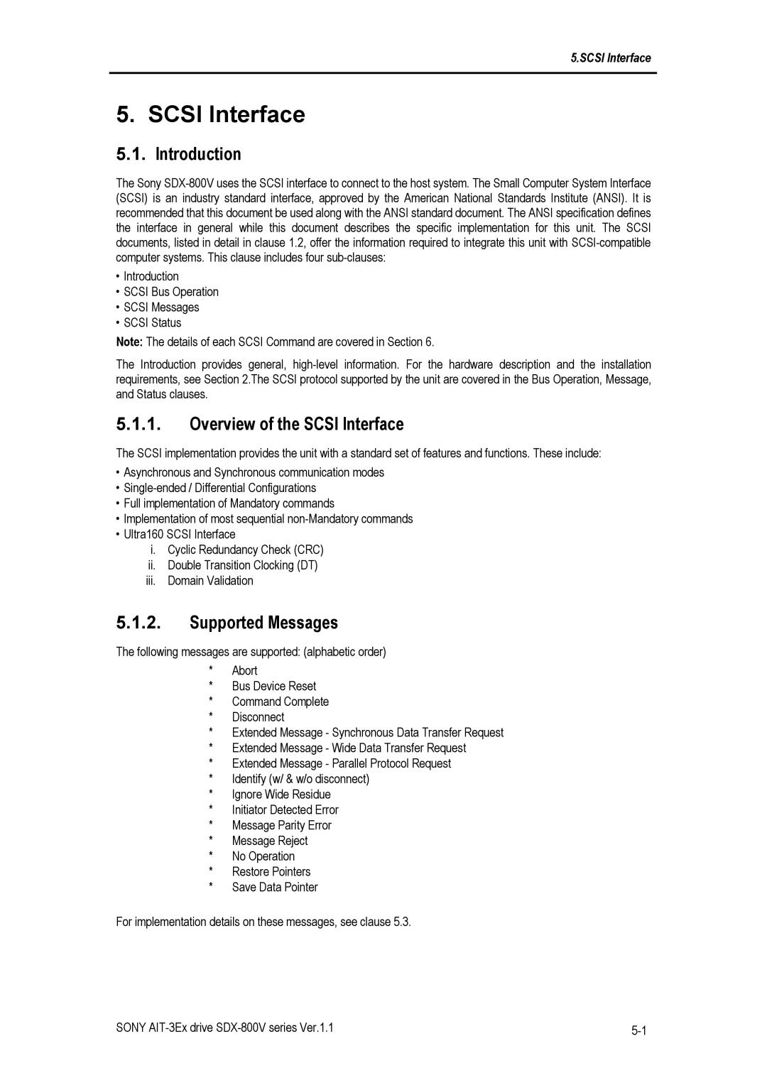 Sony SDX-800V/R manual Overview of the Scsi Interface, Supported Messages 