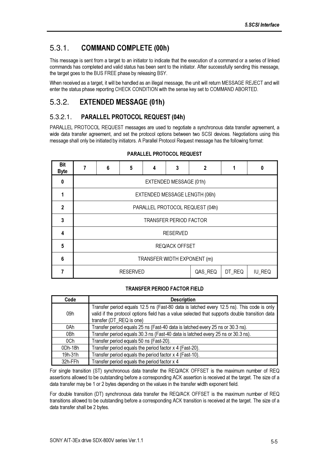 Sony SDX-800V/R manual Command Complete 00h, Extended Message 01h, Parallel Protocol Request 04h 