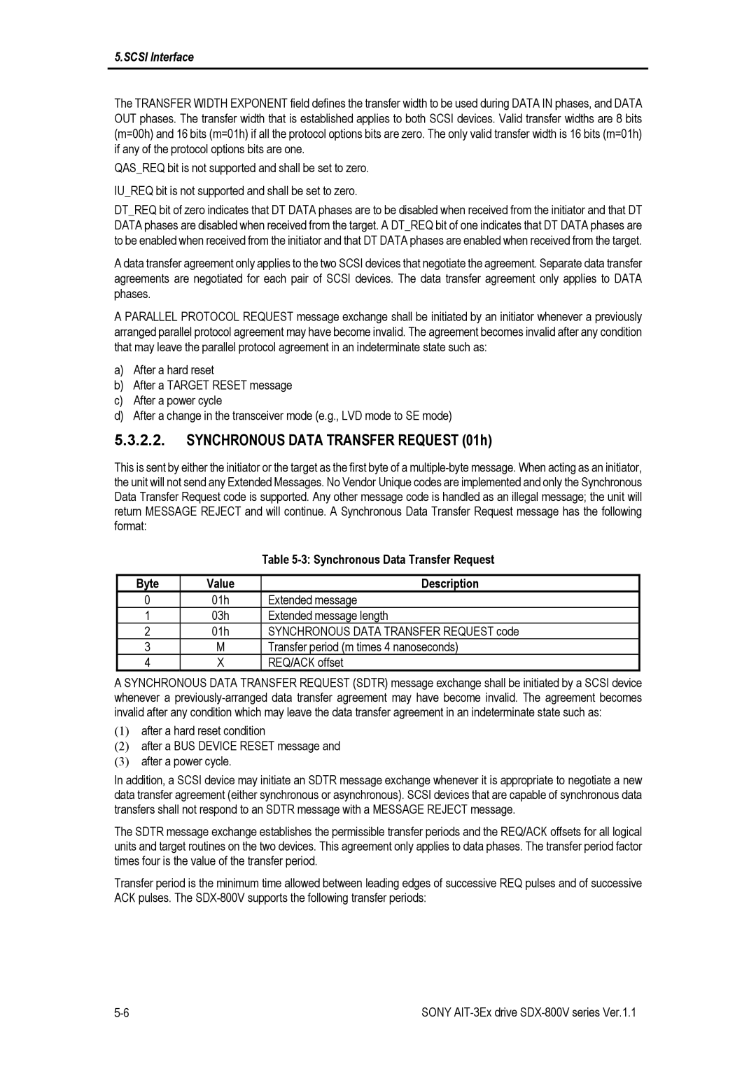 Sony SDX-800V/R manual Synchronous Data Transfer Request 01h, Byte Value Description 