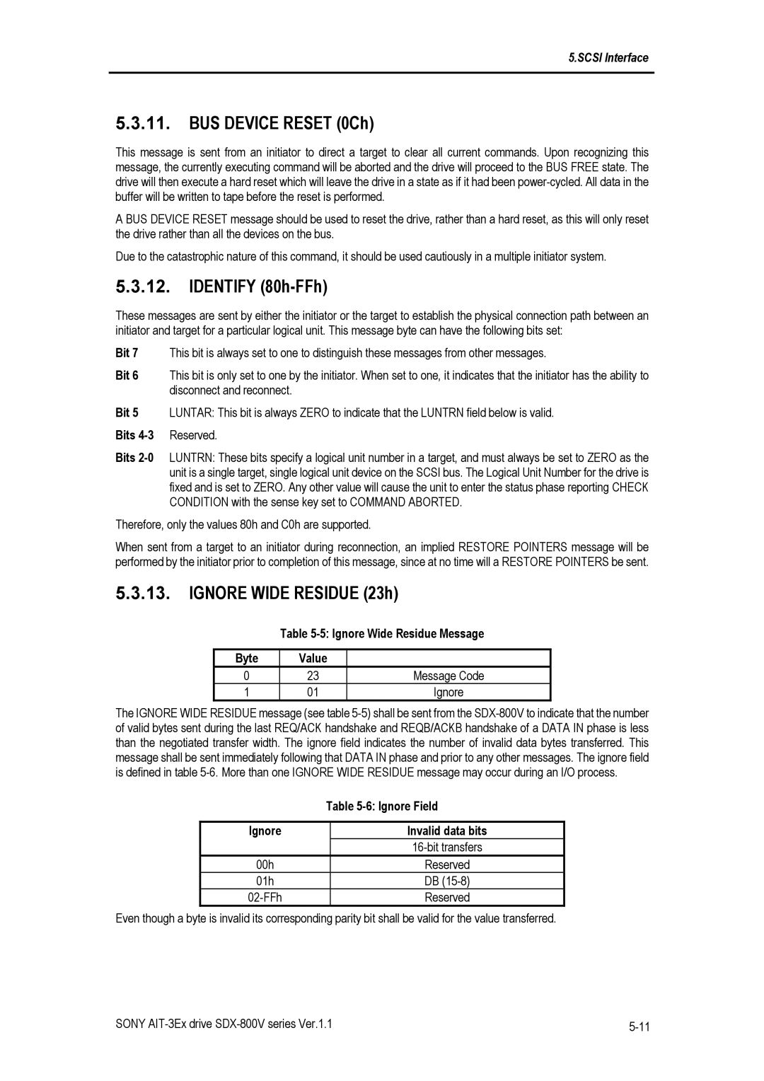 Sony SDX-800V BUS Device Reset 0Ch, Identify 80h-FFh, Ignore Wide Residue 23h, Ignore Wide Residue Message Byte Value 