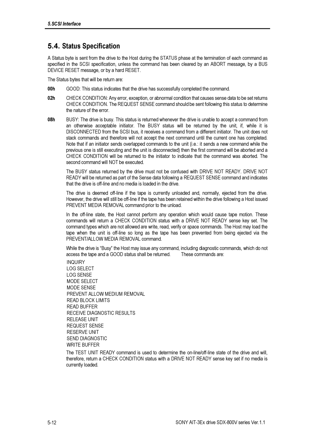 Sony SDX-800V/R manual Status Specification 