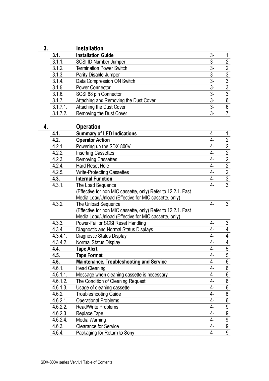 Sony SDX-800V/R manual Operation, Installation Guide, Summary of LED Indications Operator Action, Internal Function 