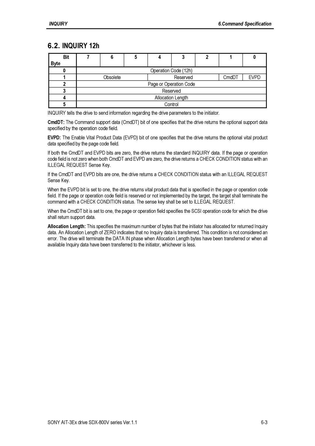Sony SDX-800V/R manual Inquiry 12h, Bit Byte Operation Code 12h Obsolete Reserved CmdDT, Evpd 