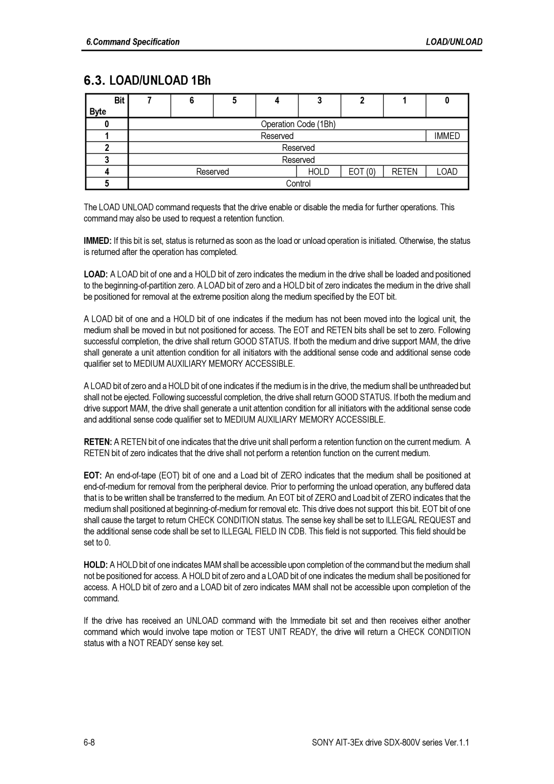 Sony SDX-800V/R manual LOAD/UNLOAD 1Bh, Immed, Hold, Reten Load 