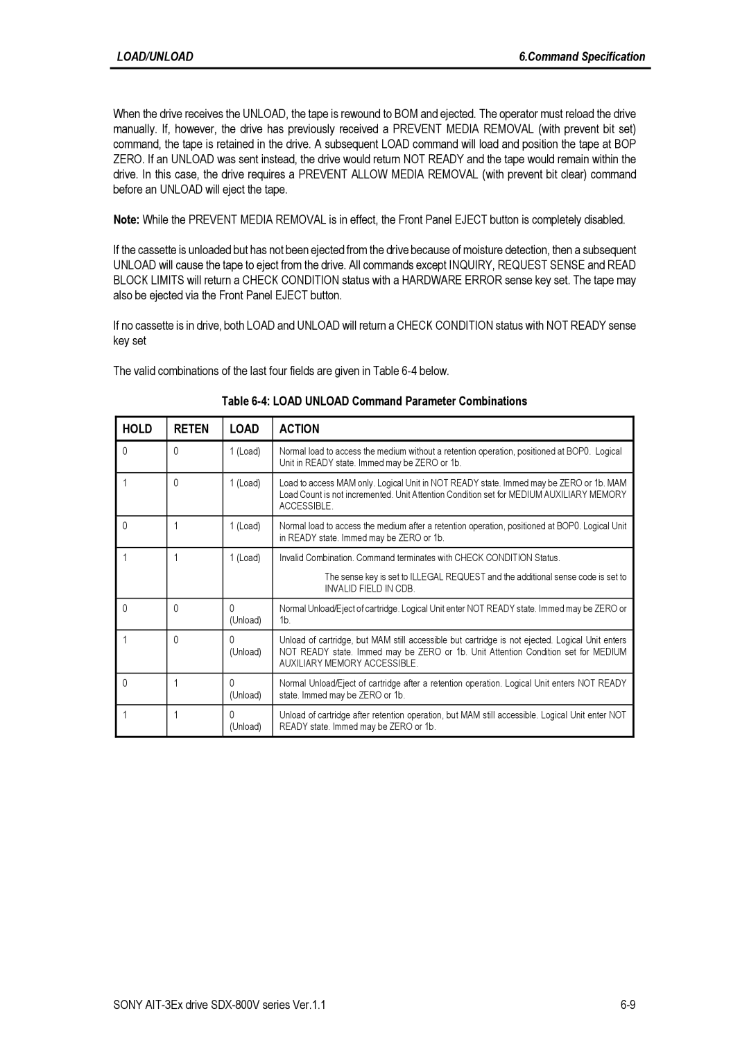 Sony SDX-800V/R manual Load Unload Command Parameter Combinations, Hold Reten Load Action 